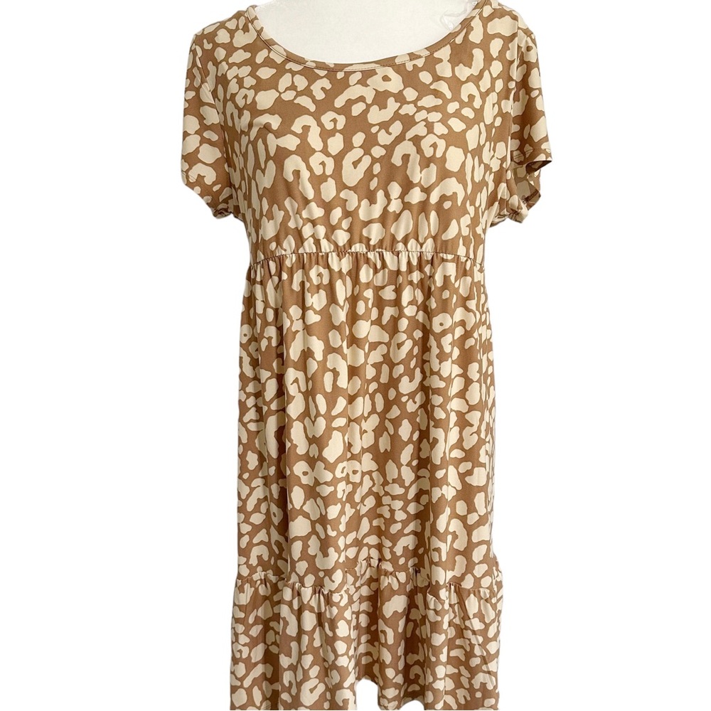 PLANET GOLD Tan Leopard Dress Short Sleeves Slip On Ruffled Tail Size 1X